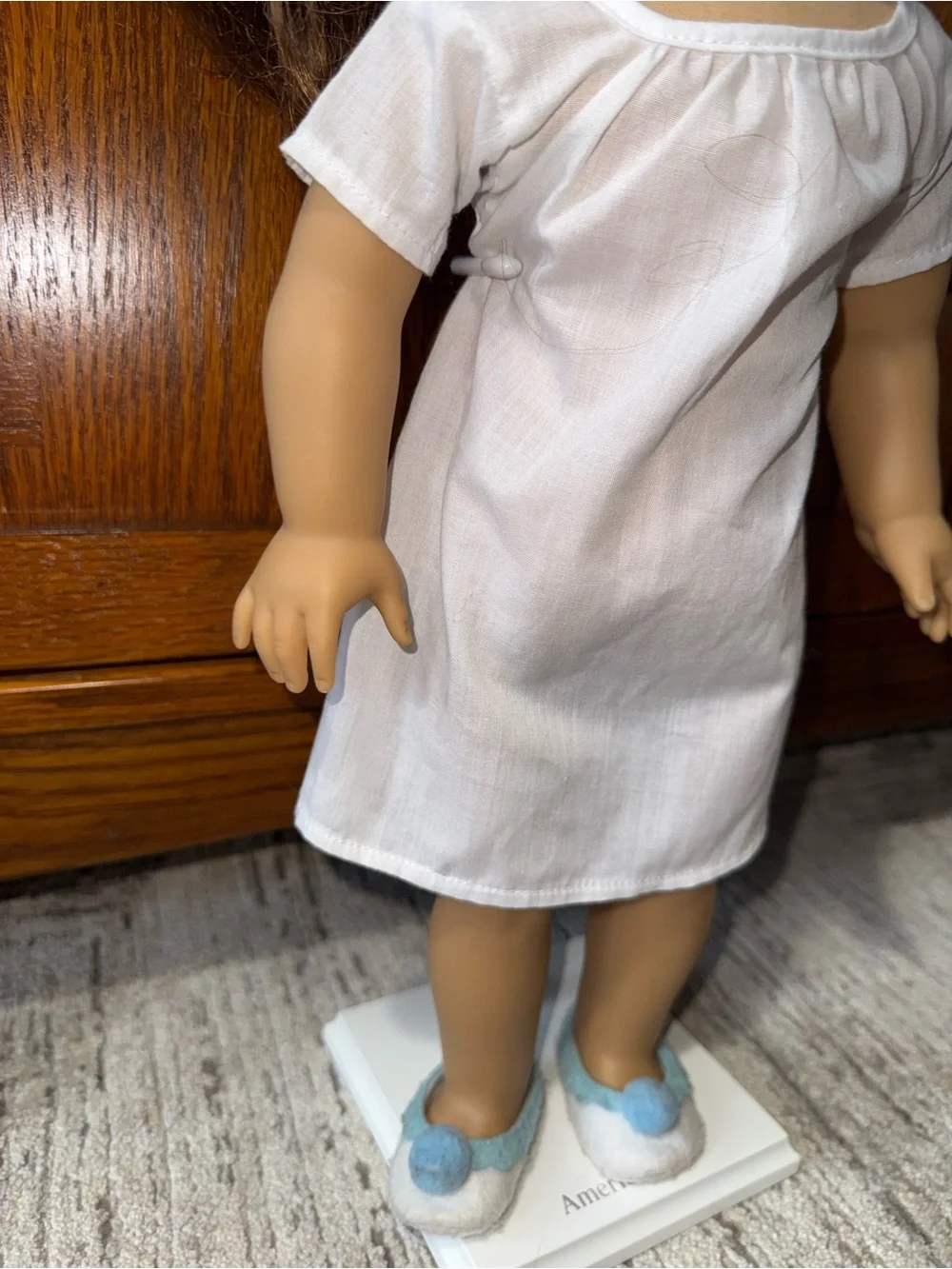 American Girl Felicity white under garnet & white slippers light blue Pom Pom